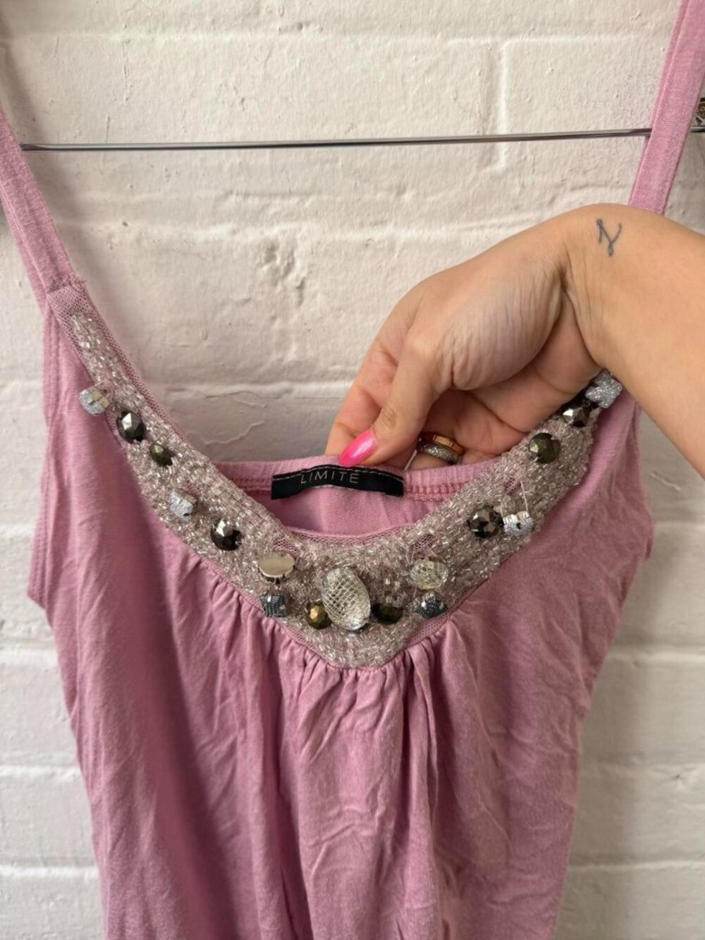 Y2K Pink Ruched Mini Dress Beaded Rhinestone Bodycon (S) - Picture 7 of 8